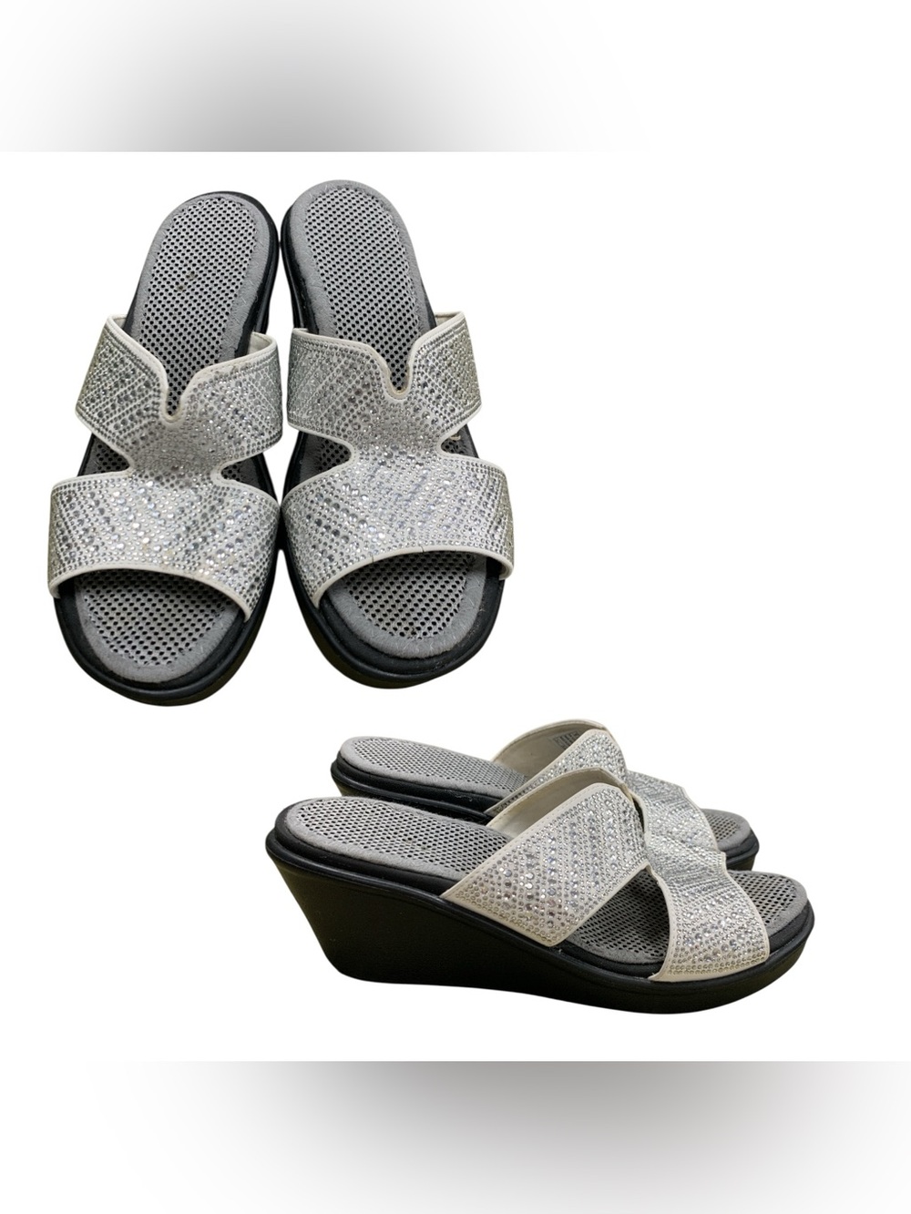Skechers Rhinestone Slip-On Wedge Sandals - Silver S8
